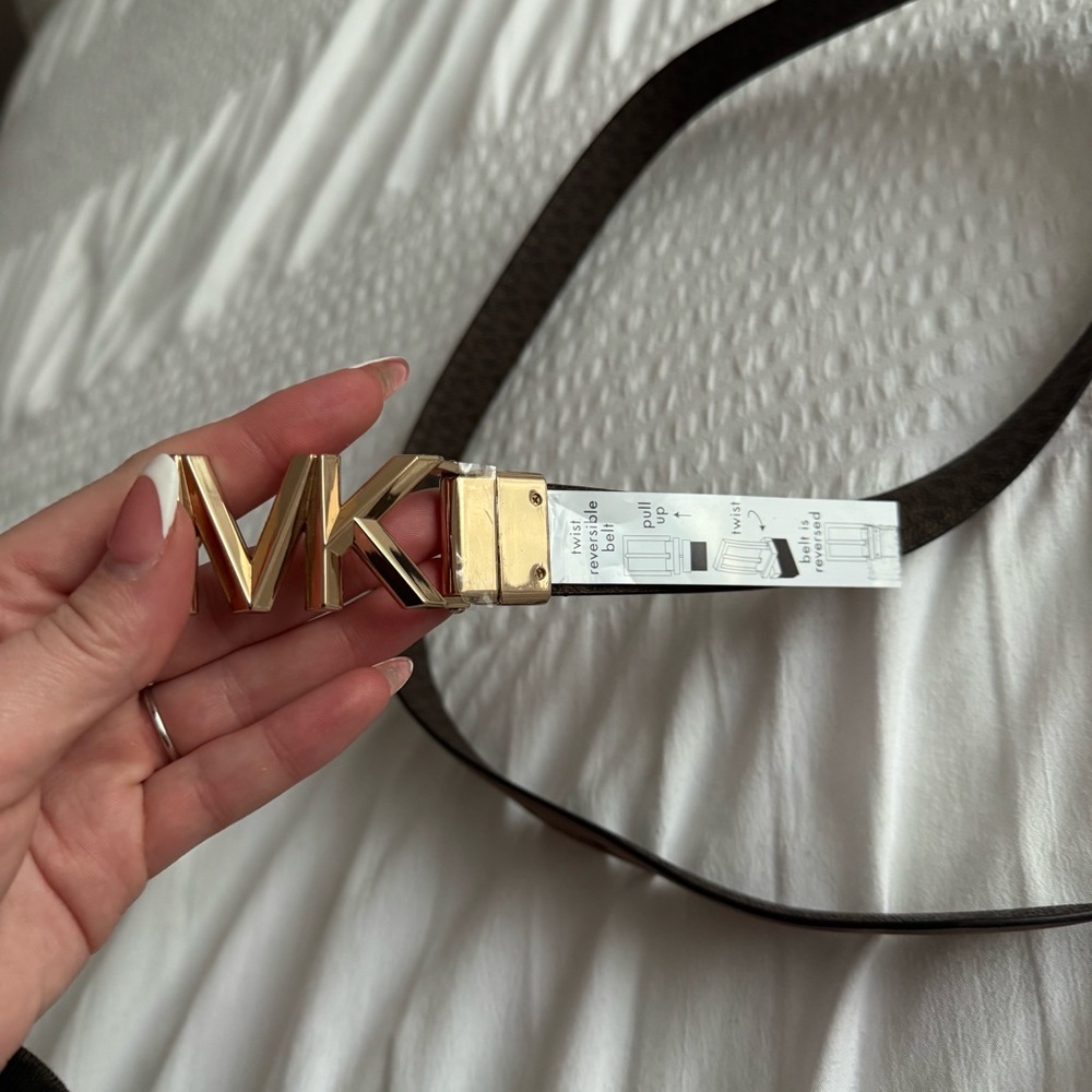Michael Kors Dark Brown Reversible Belt with Gold MK Buckle - Picture 3 of 8